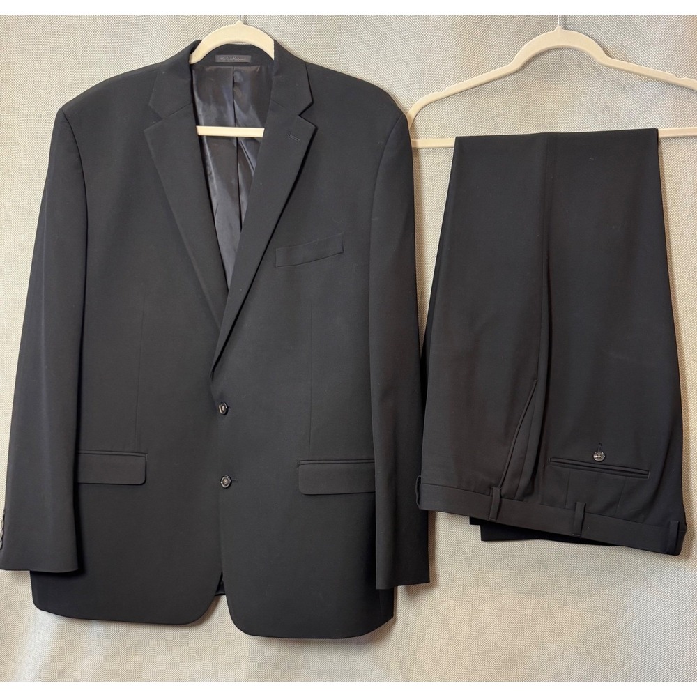 Chaps Mens Two Piece Suit Black 48L Two Button Blazer Flat Front Trousers 38W